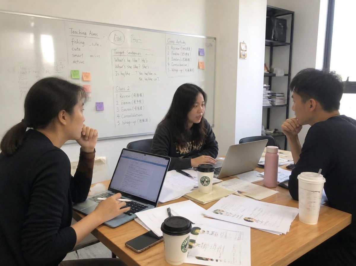 远学教研团队周会,白板上写着教学目标与课堂活动安排